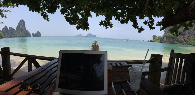 Tyler Tringas' office between the Tonsai Cliffs in Thailand.