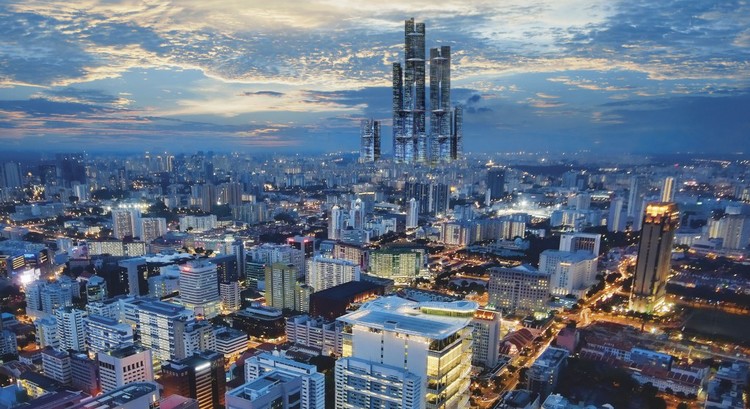 A vertical city in Singapore at nighttime.