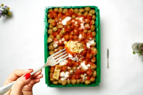 A MakeSpace storage bin full of meatballs from The Meatball Shop.