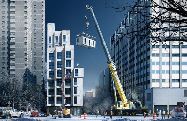 A crane lifting and stacking a micro studio on top of My Micro NY