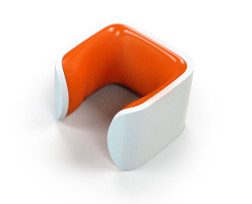 a white-orange clug, the world's smallest bike storage rack