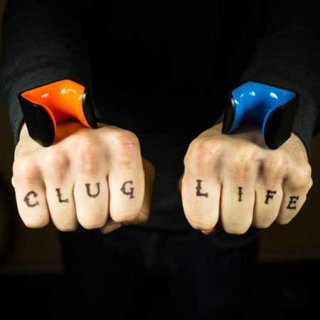 clug life hand tattoos with black-orange and black-blue clug bike clips on top of each hand