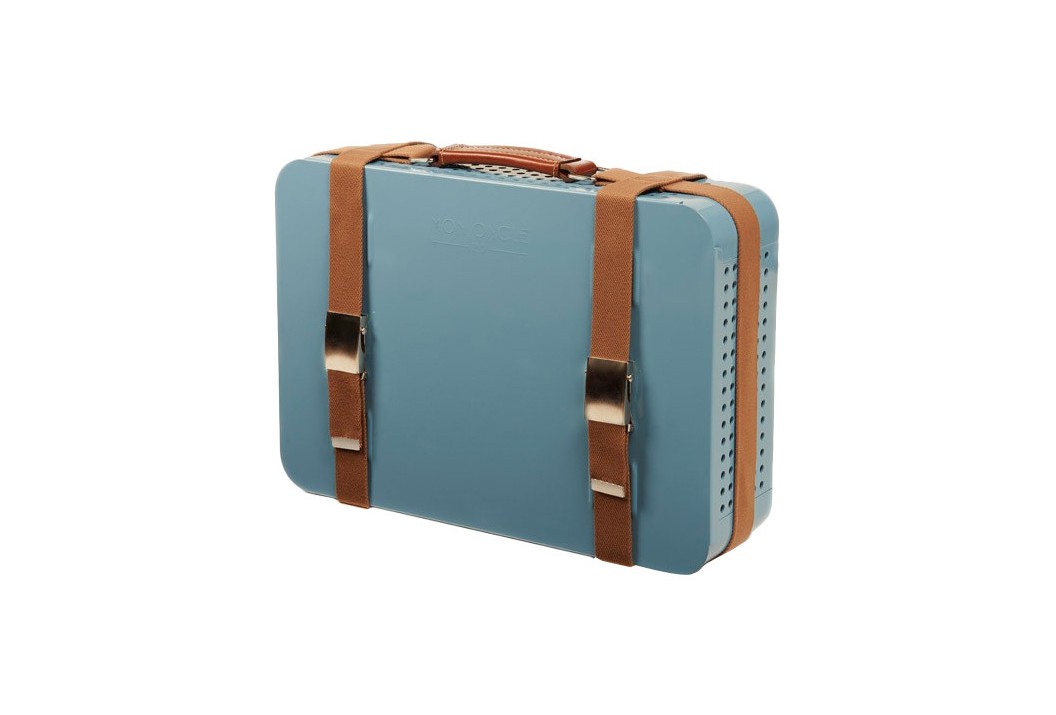Blue briefcase-looking RS Barcelona Mon Oncle portable charcoal bbq grill.
