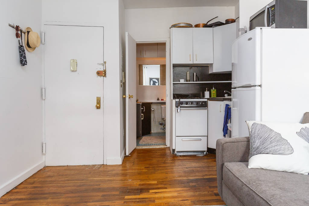MicroGreens founder Alli Sosna's tiny NYC apartment in the East Village, Manhattan has a minimal kitchen with storage cabinets.