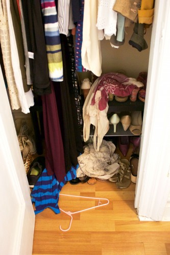 A small apartment's unorganized bedroom closet with messy shirts on the floor.