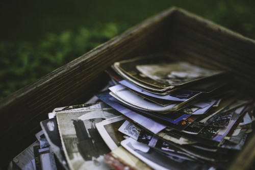 A wood crate used for old photograph storage.