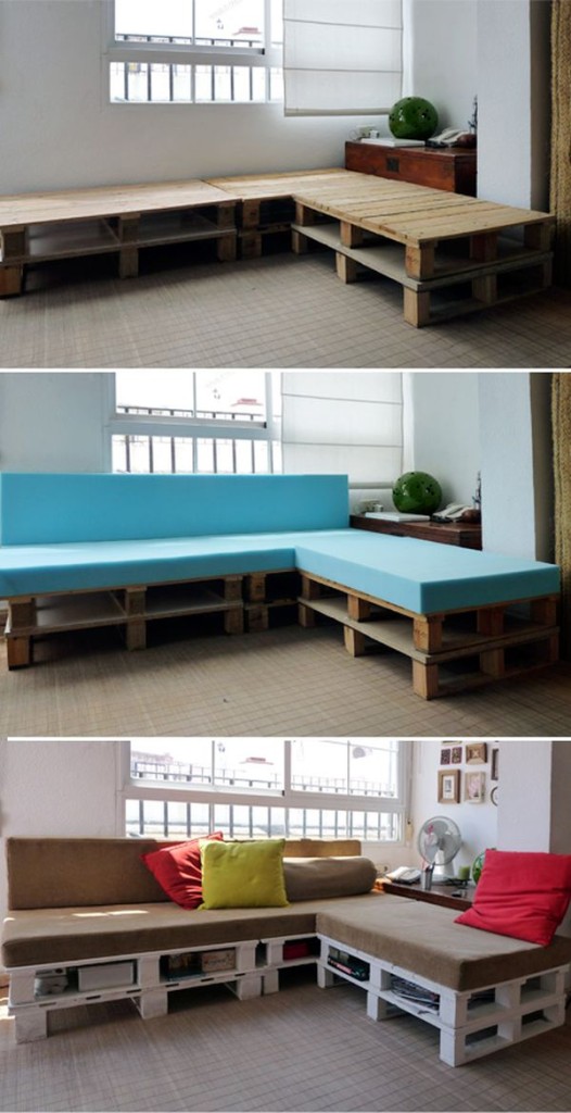 A comfortable DIY wood pallet corner sofa with book storage space.