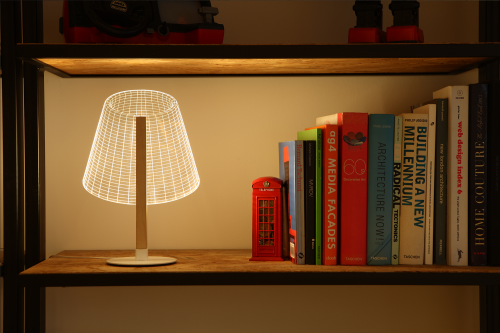 Studio Cheha's 2D/3D CLASSi BULBING lamp is on a bookcase's storage shelf. 