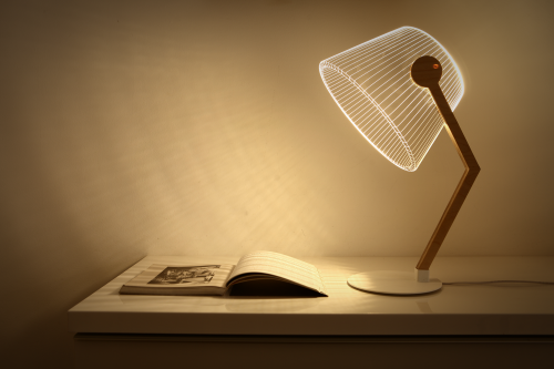 Studio Cheha's 2D/3D ZIGGi BULBING lamp is on a desk with storage and illuminating an opened book.