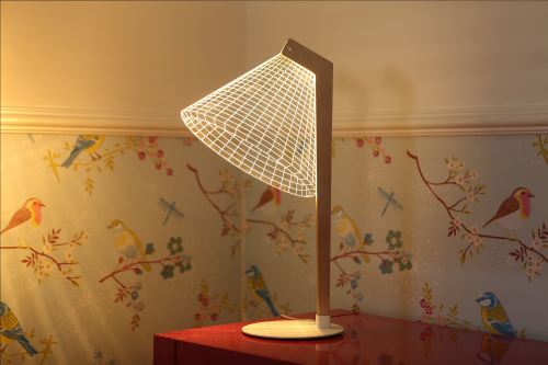 Studio Cheha's 2D/3D DESKi BUBLBING lamp is on a storage dresser in a small apartment's bedroom.