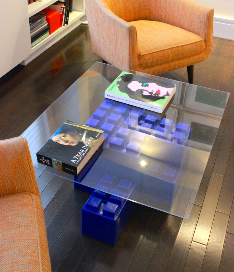 A coffee table made of EverBlocks, which are basically big LEGO bricks.