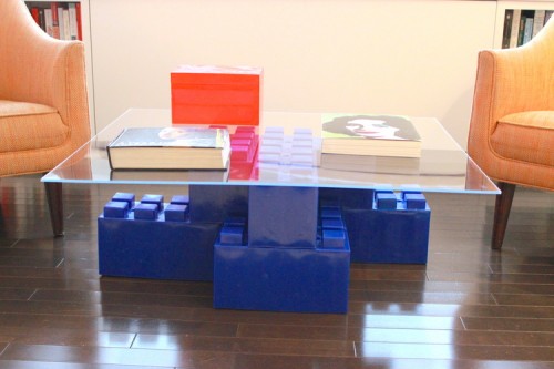 A blue giant LEGO coffee table made of EverBlocks.