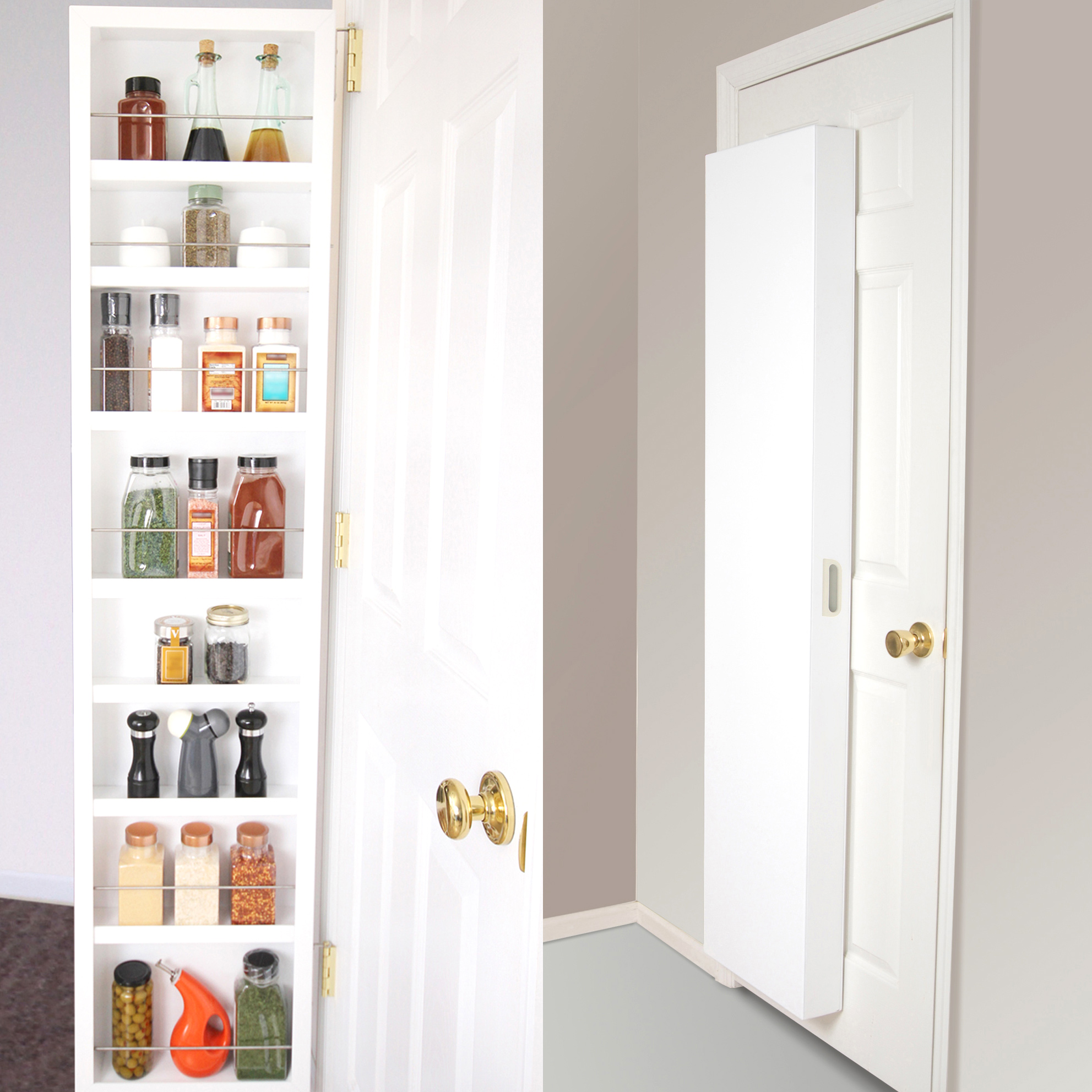 A split-screen of opened and closed Cabidors, portable storage cabinets that mount behind doors and make organizing small items easy.