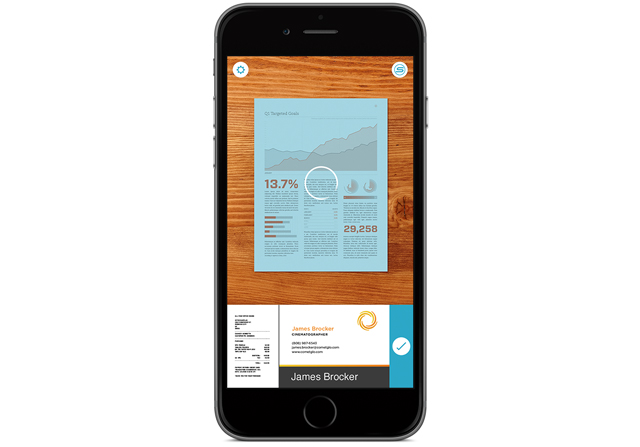 The Evernote Scannable app, which makes organizing papers easy, is displayed on a space gray iPhone 6 and scanning a document.