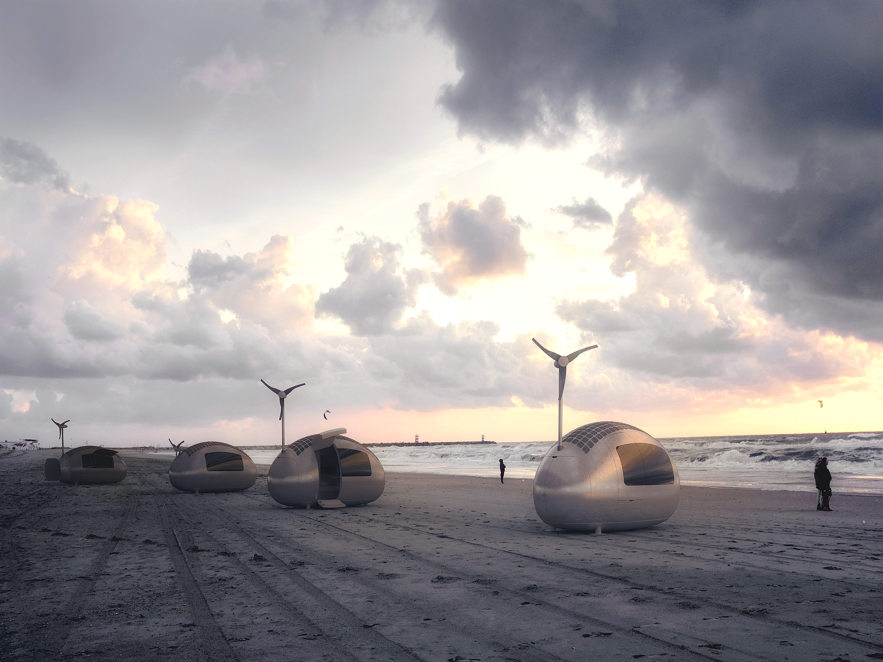 Four Ecocapsules, solar and wind powered tiny homes on wheels, are on the beach.