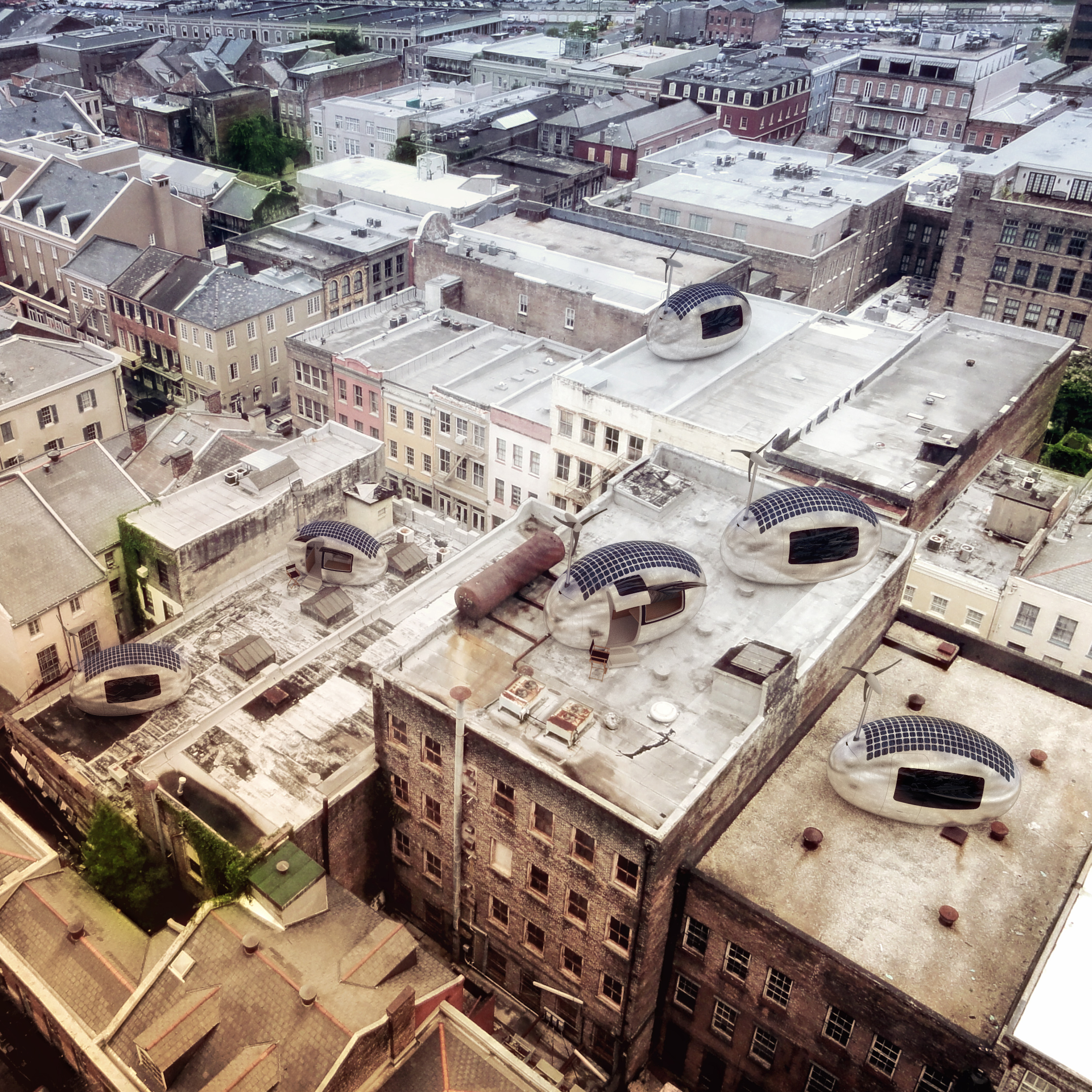 Six Ecocapsules, which are self-sufficient and inhabitable portable pods, are on the top of apartment buildings in a city.