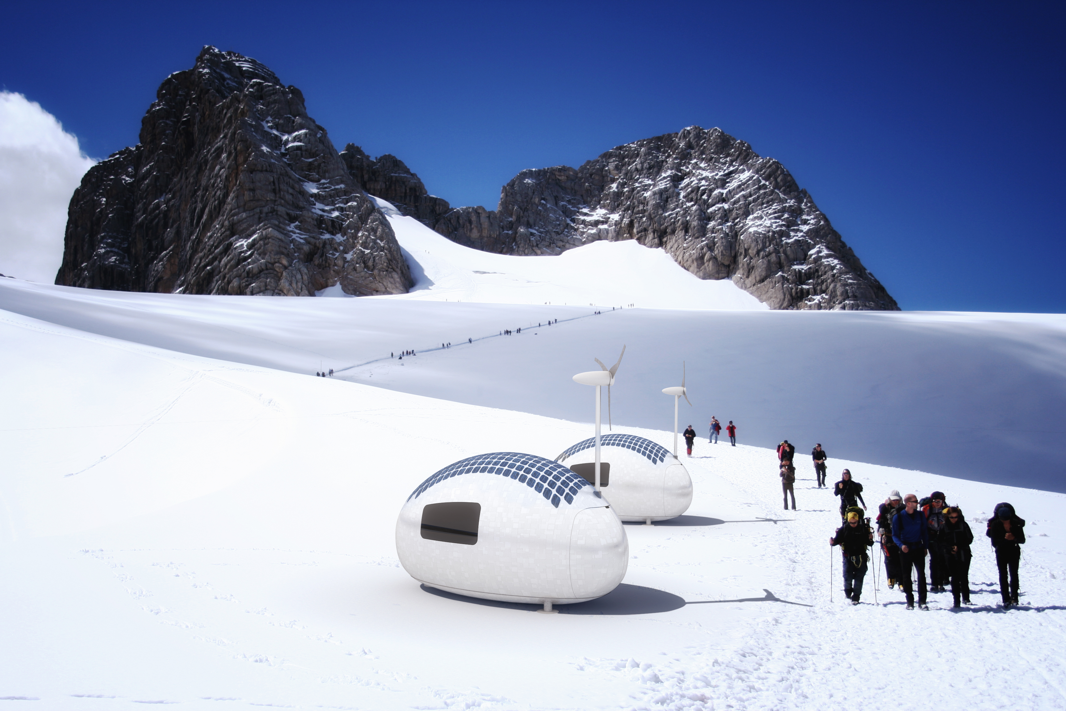 Skiers are walking by two Ecocapsules on a mountain covered by snow.