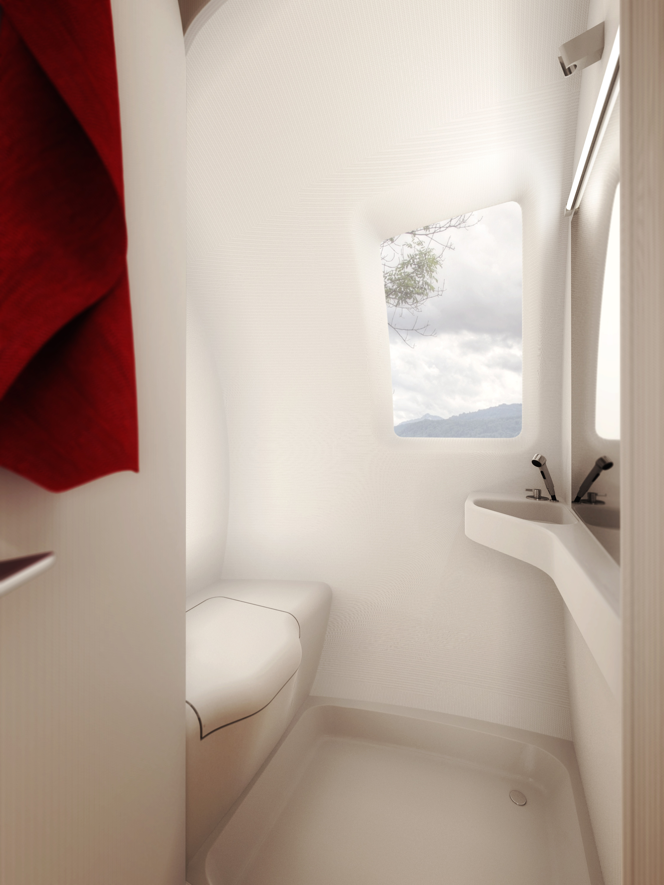 The Ecocapsule's bathroom has a shower, sink, window, mirror, and composting toilet.