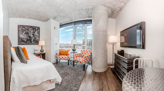 The interior of a Gateway West Loop micro-apartment in Chicago, Illinois.