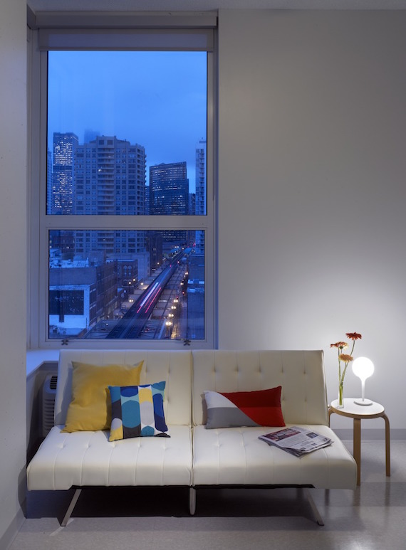 The living room of a Lake Street Studios micro-apartment in Chicago, Illinois.