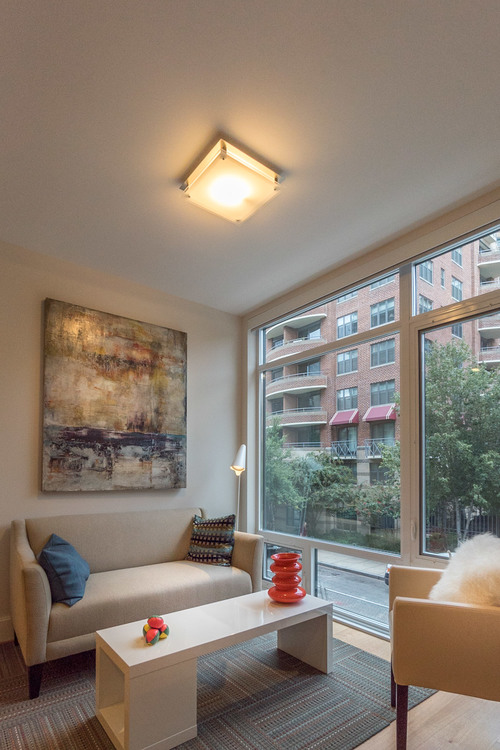 The living room in one of The Drake's micro-apartments in Dupont Circle in Washington, DC.