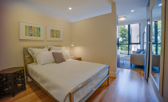 The alcove bedroom in one of The Harper's micro-apartments in the 14th street arts district in Washington, DC.