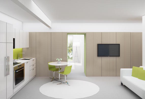 The mostly white kitchen/multipurpose living room in one of The Lanes' micro-apartments in Long Island City in Queens, New York.