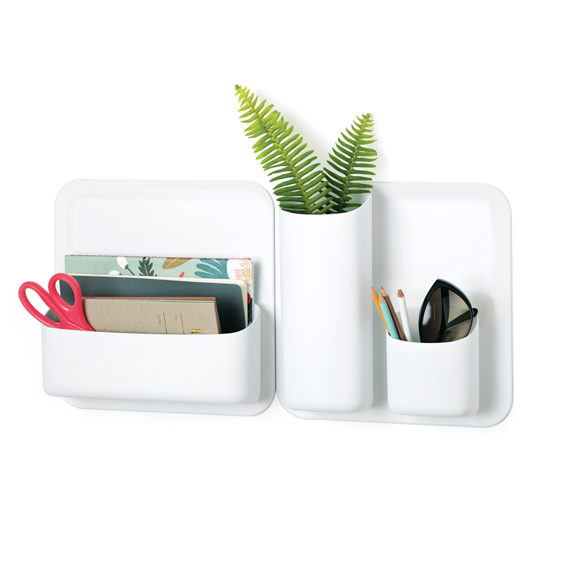 White Urbio storage containers are organizing office supplies, sunglasses, and a small plant.