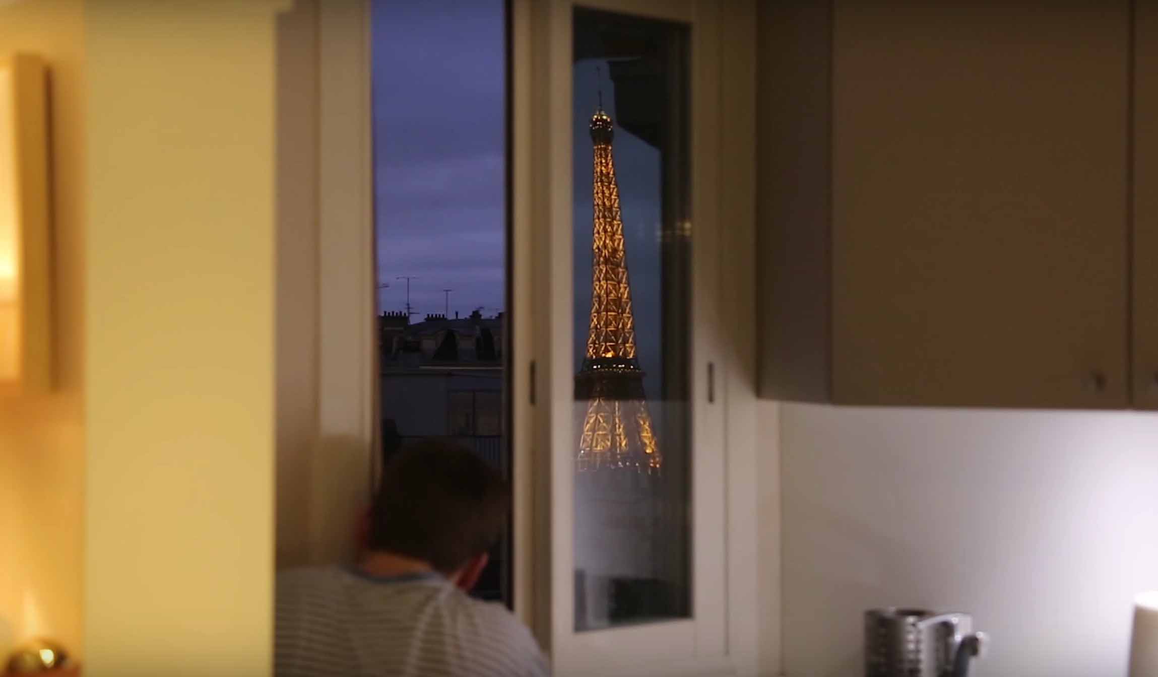 A nighttime view of the Eiffel Tower from a bedroom window in Paris, France thanks to French Redditor Lurluberlu’s giant periscope.