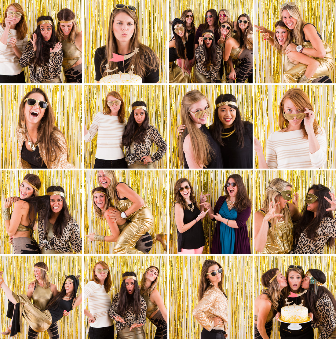 Multiple women are dressed in nice NYE party outfits and taking pictures in front of a DIY photo booth made of gold fringe curtains and spray paint.