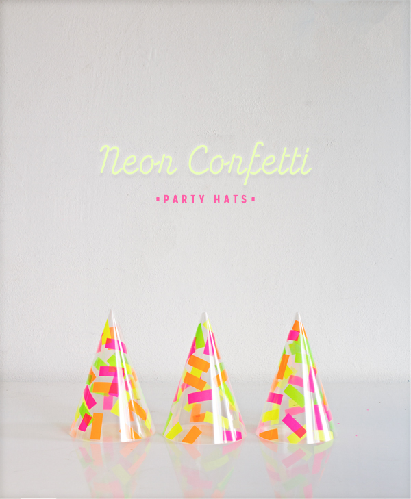 3 transparent DIY confetti hats with neon-colored strips.