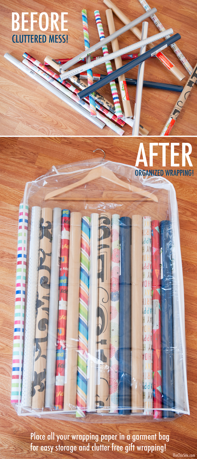 Storing rolls of gift wrapping paper in a clear garment bag is a smart holiday storage hack.