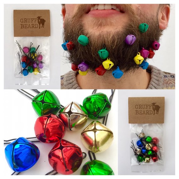 A man is storing jingle bells in his brown beard as a funny holiday decoration storage hack.