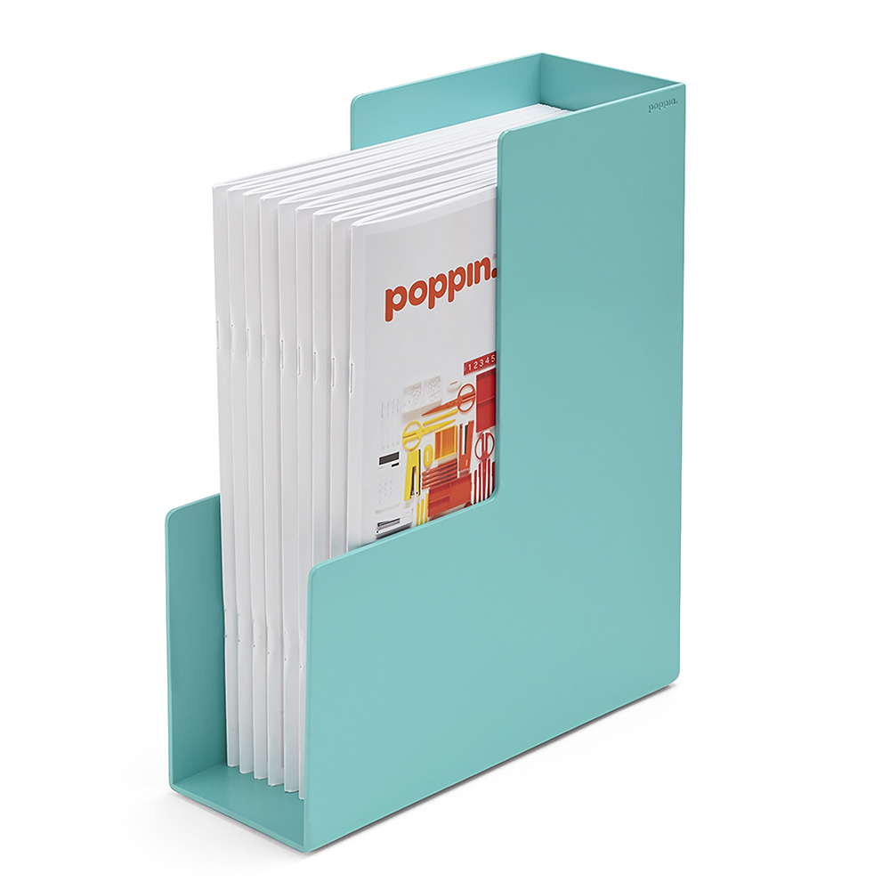 An Aqua Magazine File from Poppin is storing magazines.