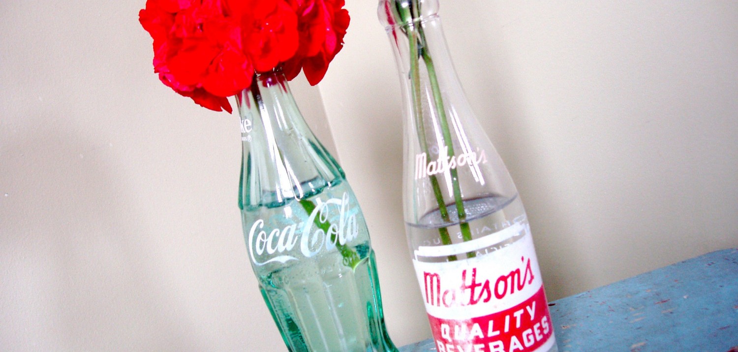 A vintage Coca Cola bottle and an old Mattson's soda bottle are storing flowers.