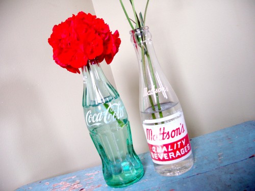 A vintage Coca Cola bottle and an old Mattson's soda bottle are storing flowers.