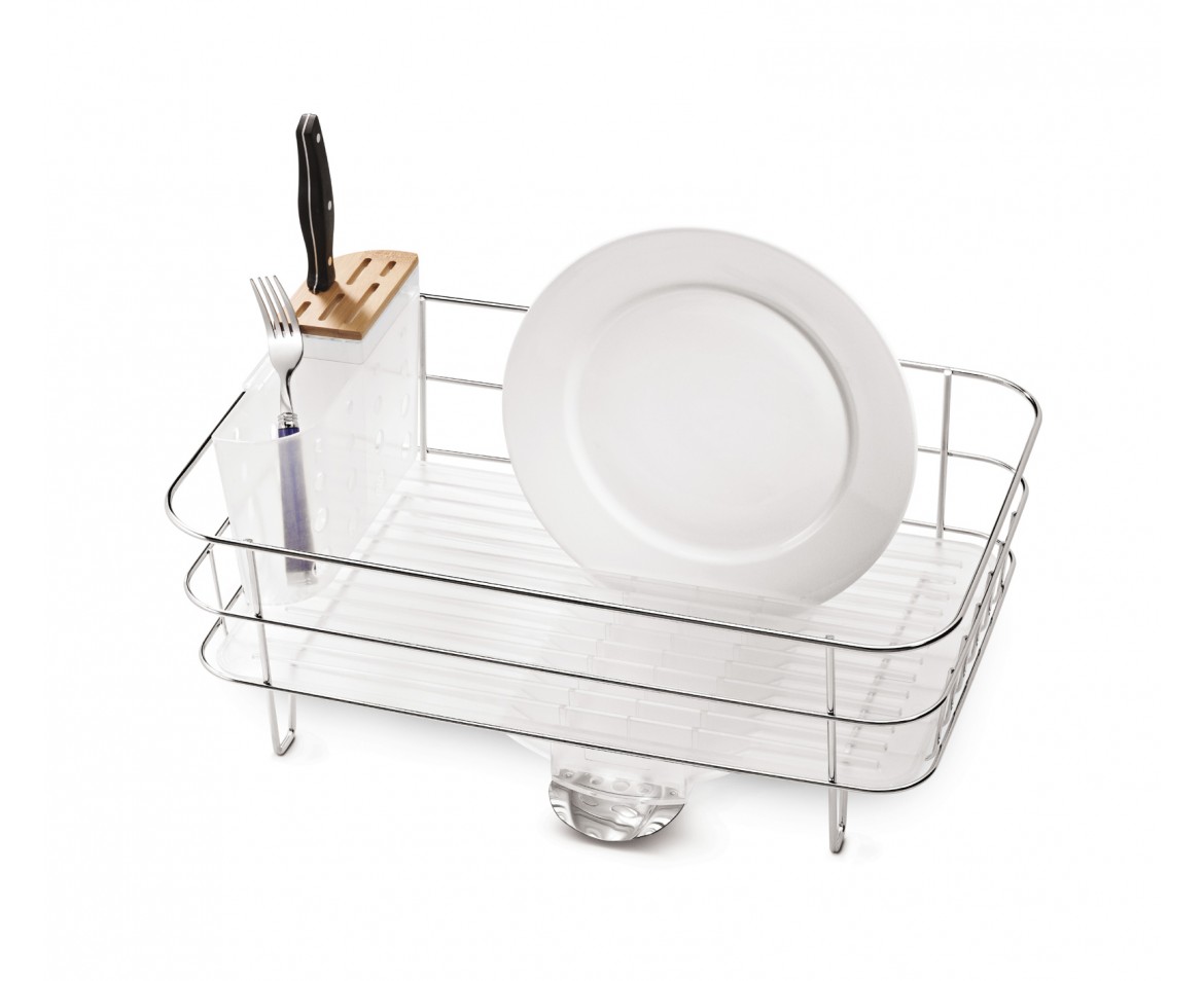 A small Simple Human slim wire frame dishrack is storing a fork, knife, and plate.
