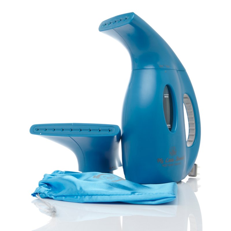 A tiny aqua Joy Mangano My Little Steamer that steams clothes so that they're wrinkle-free.