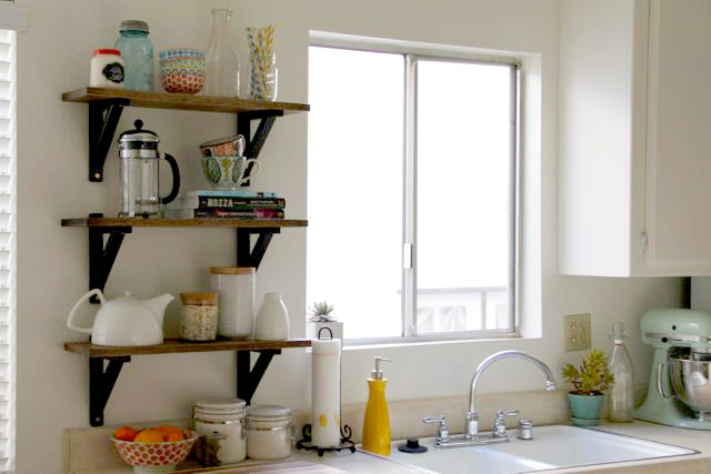 DIY shelves for tiny kitchen storage.
