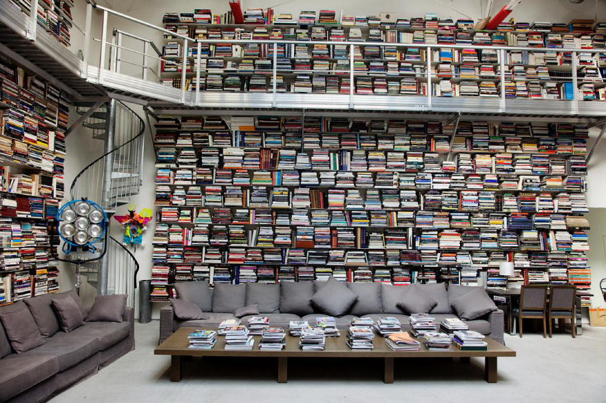 Karl Lagerfelds sideways library is used for tons of book storage.