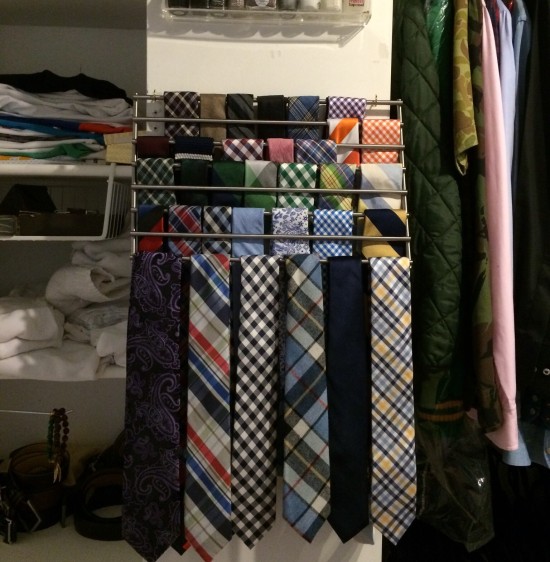 An easy IKEA hack is to use a Lamplig Trivet as a tie rack in a closet in a tiny apartment.