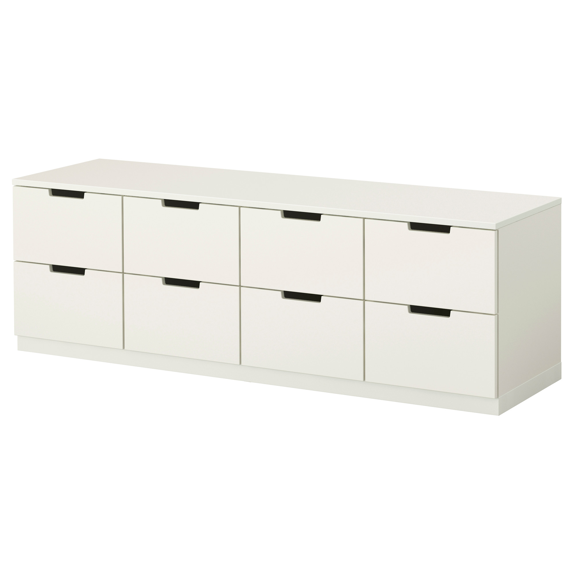 A white IKEA Nordli dresser has 8 drawers you can use for clothes storage, vinyl record storage, and more.