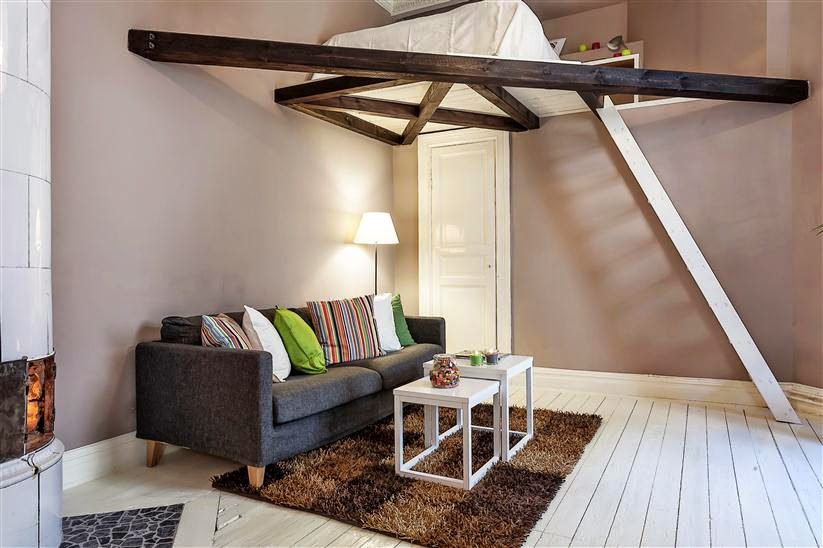 A lofted bed with a ladder in a tiny apartment.