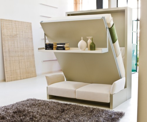 A Nuovoliola murphy bed from Resource Furniture that includes a sofa and storage shelf.
