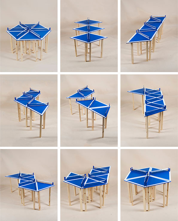 A blue Matthew Hill triangular ping pong table can be arranged in 100 different ways.