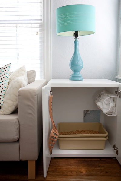 A creative IKEA hack is repurposing a STUVA BETSAD into a DIY kitty litter box cover/end table.