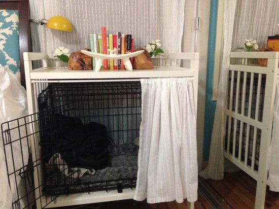 A Gulliver changing table used as a dog crate and nightstand is an easy IKEA hack.