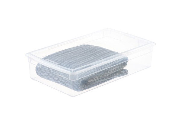 A clear underbed plastic bin for clothes storage.