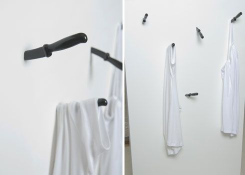 Storage ideas for small homes: Knife wall hooks storing clothes.