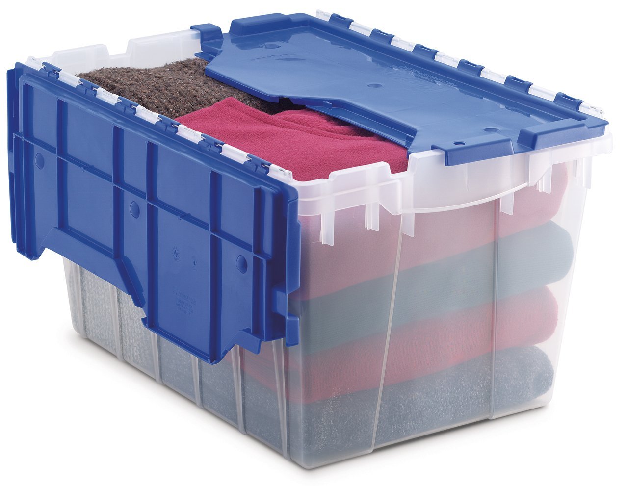 A clear storage bin with a blue lid and clothes inside.
